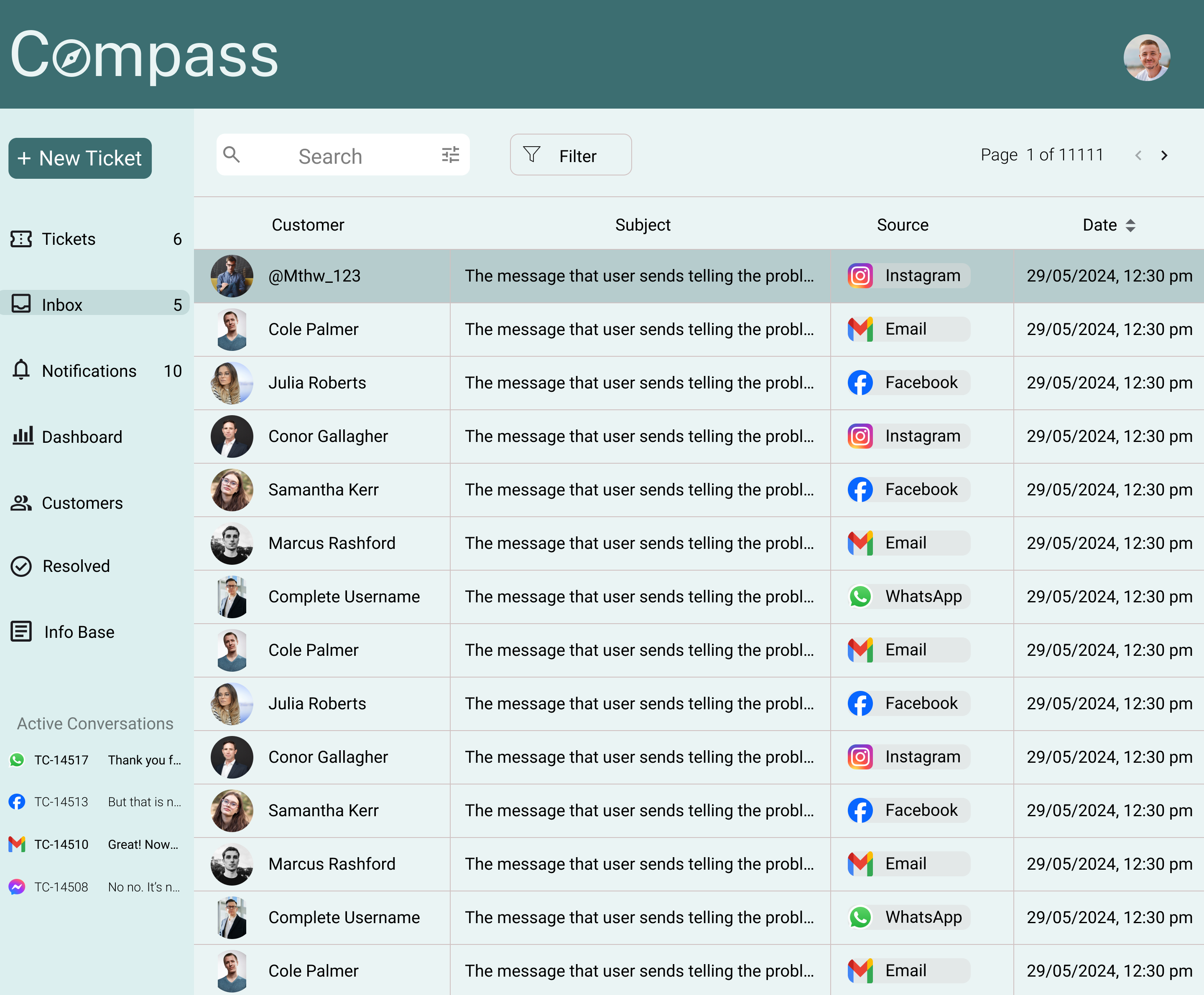 Inbox interface showing incoming messages, timestamps, and assignment states