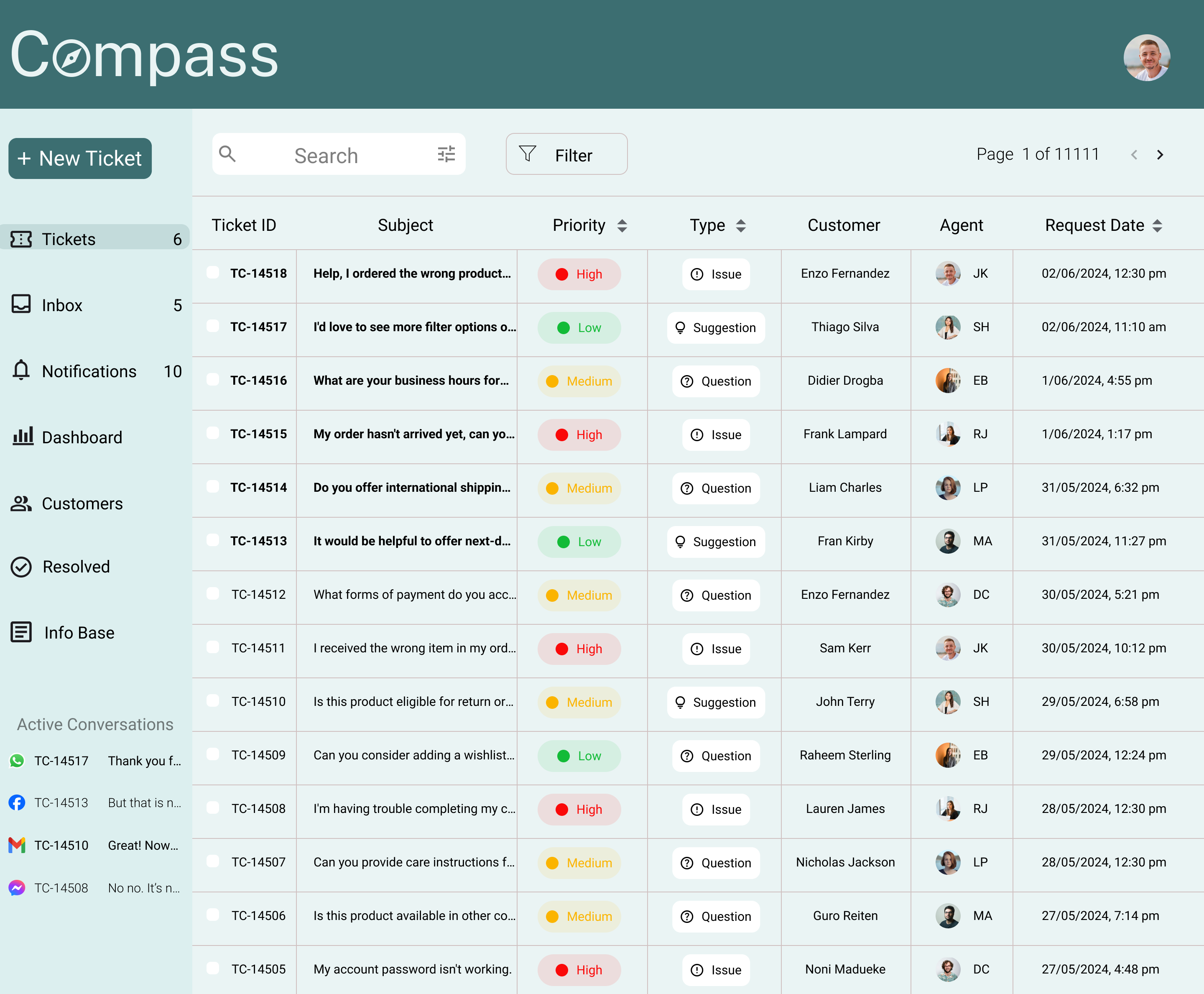 Tickets page interface showing ticket list, priorities, and assignments