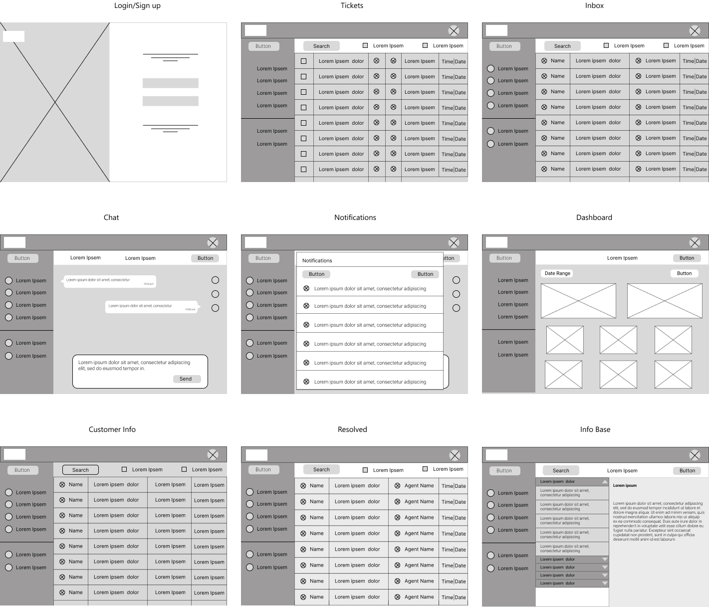 Low-fidelity wireframes showing layout and navigation structure of the Compass platform