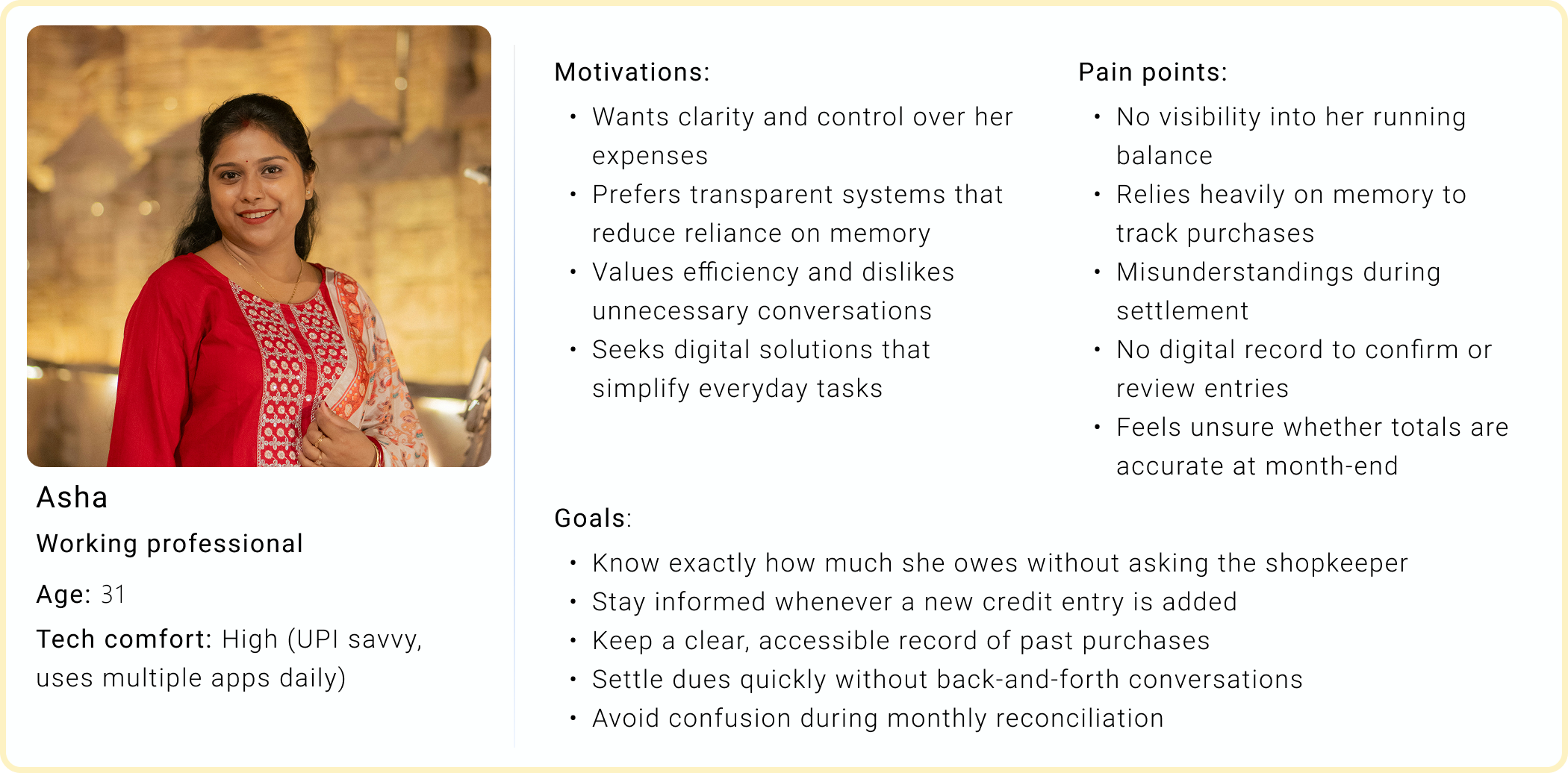 Persona representing a regular customer using credit at a neighbourhood shop