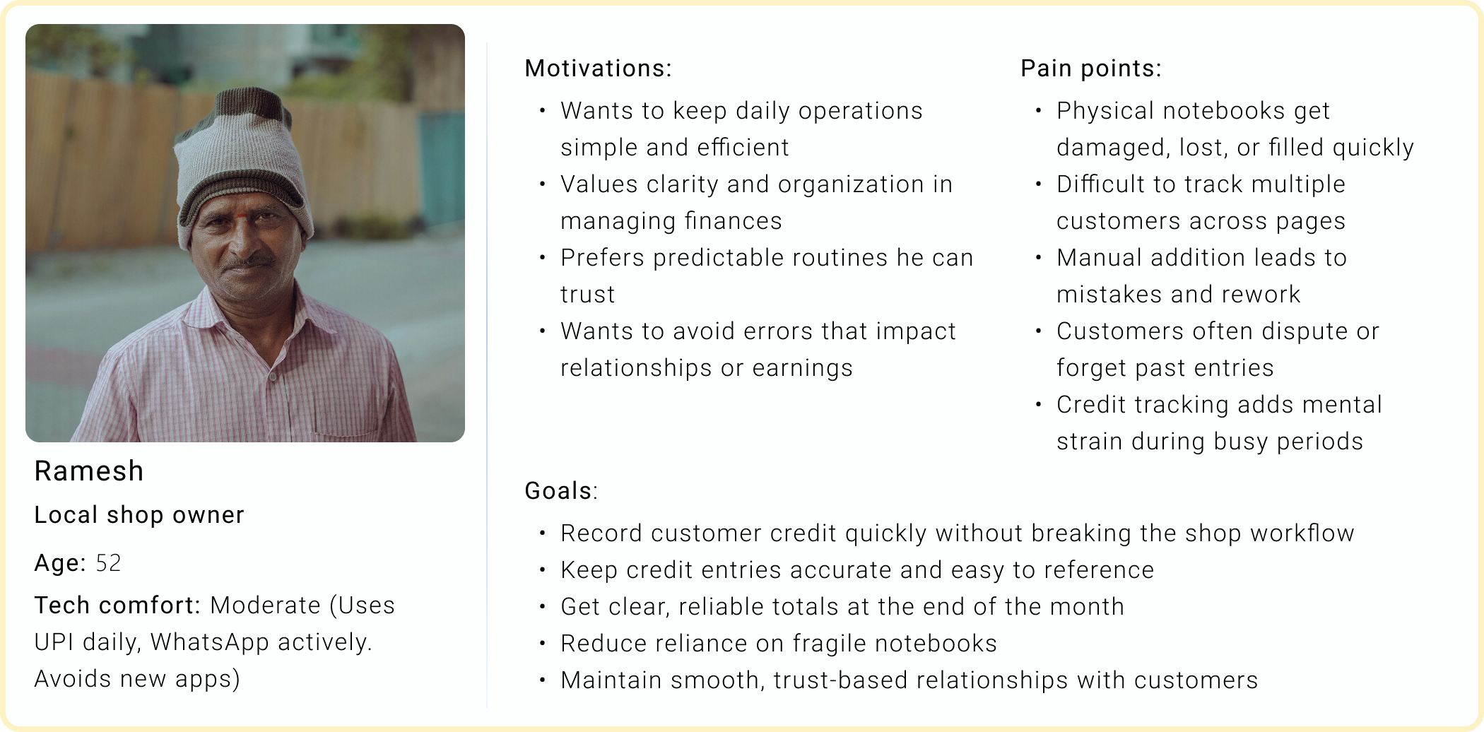 Persona representing a small shopkeeper managing daily credit