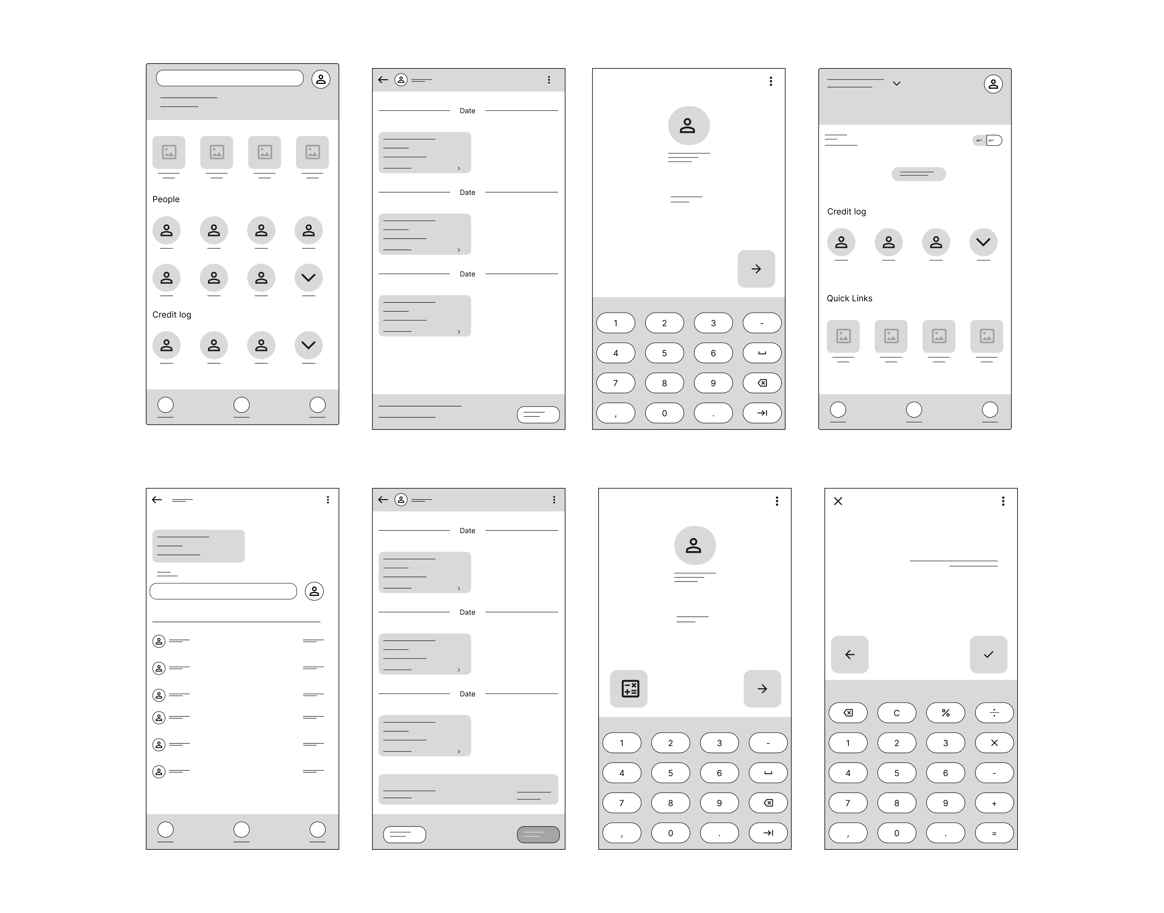 Low-fidelity wireframes for the GPay Credit Log feature
