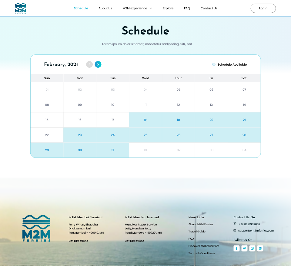 Mockup showing ferry schedule calendar view