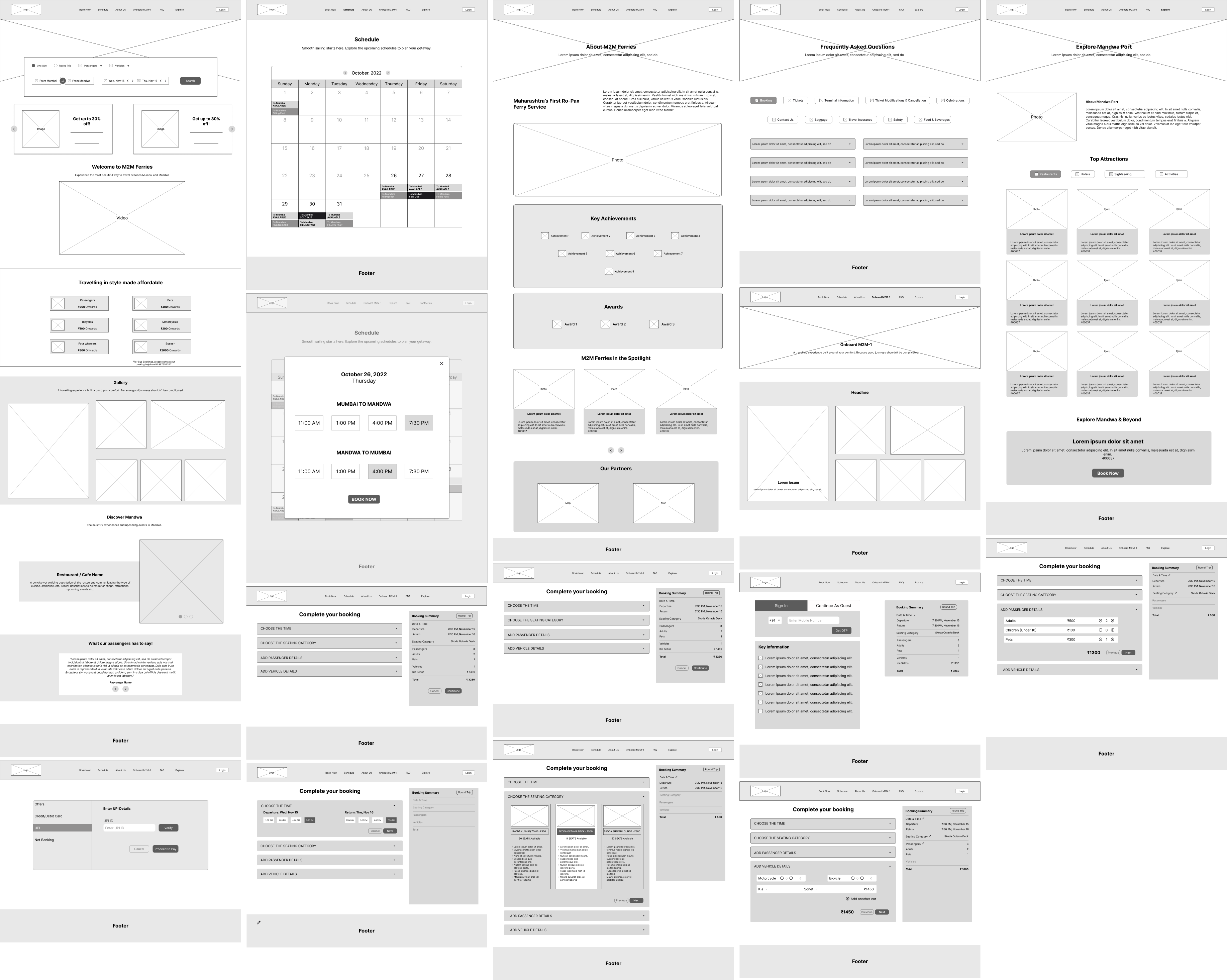 Wireframes preview of the M2M Ferries homepage